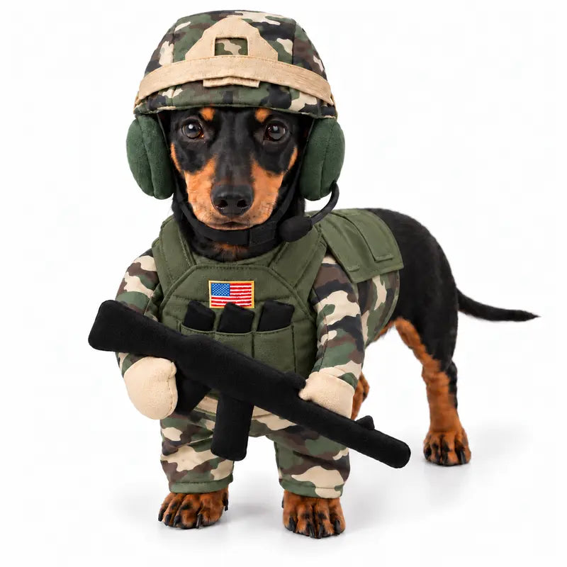 Soldier Dog Costume with Camo Helmet and Headset