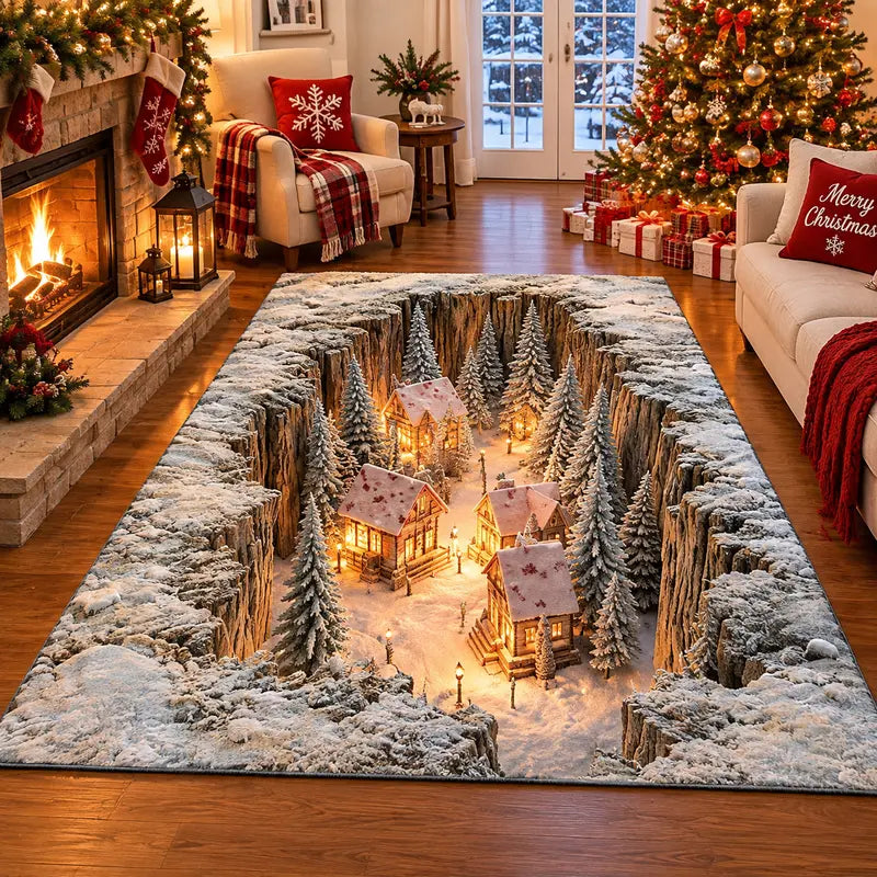 Christmas Village Area Rug with 3D Snowy Canyon Design 1