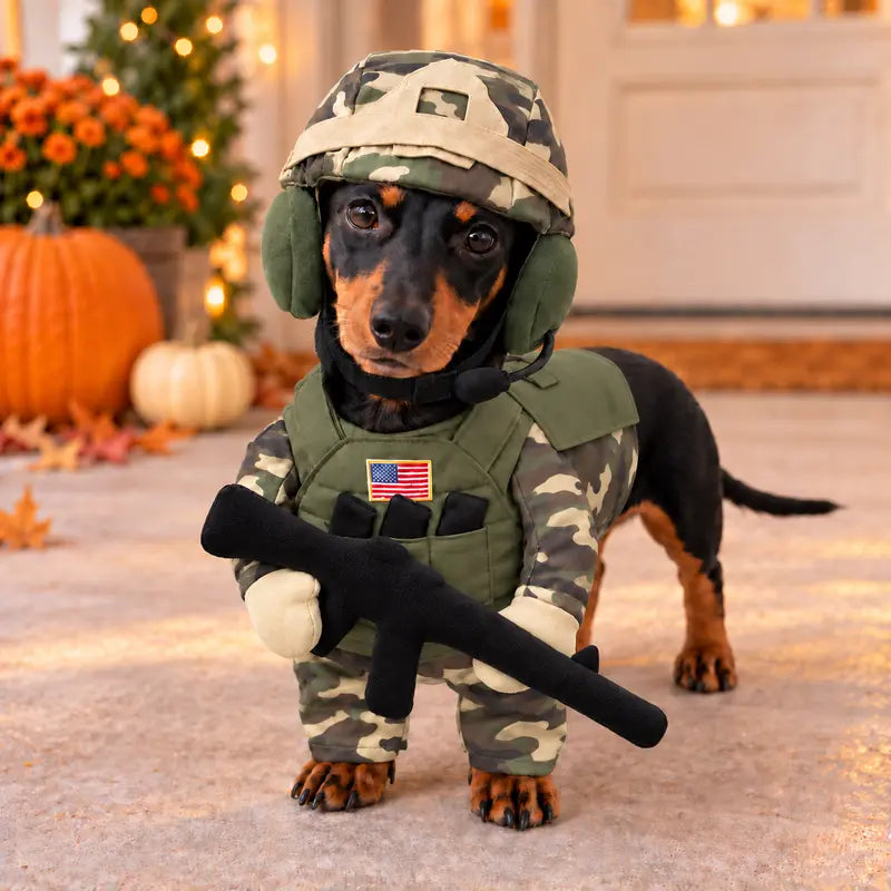 Soldier Dog Costume with Camo Helmet and Headset 2