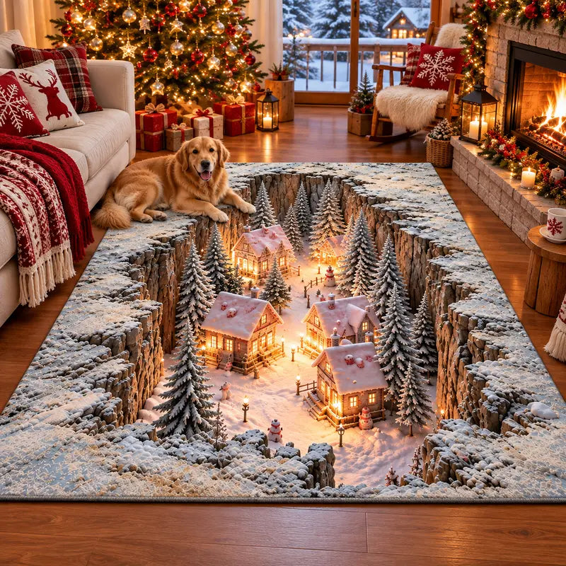 Christmas Village Area Rug with 3D Snowy Canyon Design 2