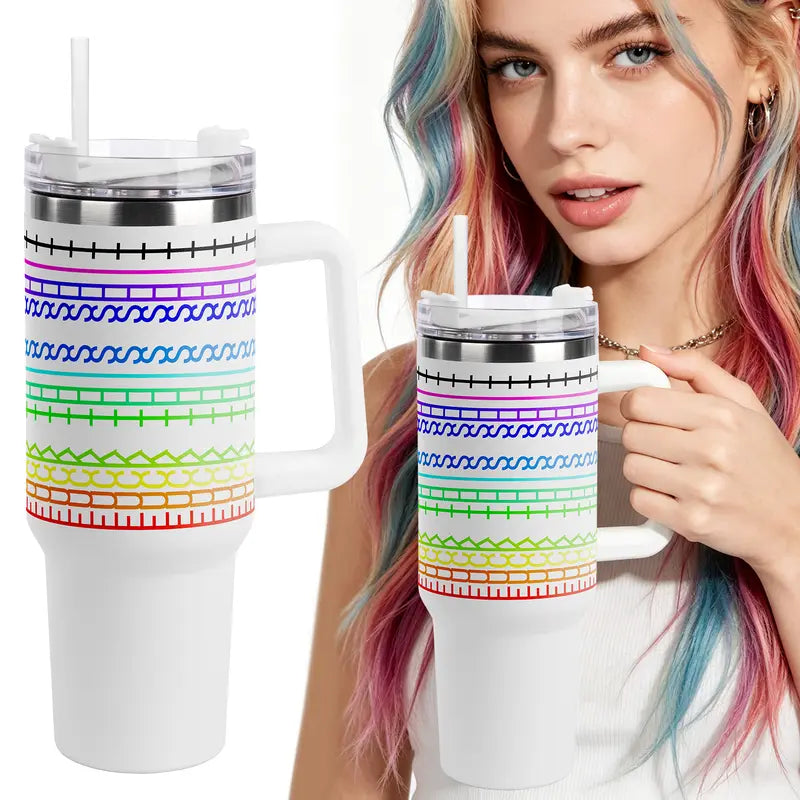40 oz Insulated Tumbler with Handle and Straw, Striped Design 1