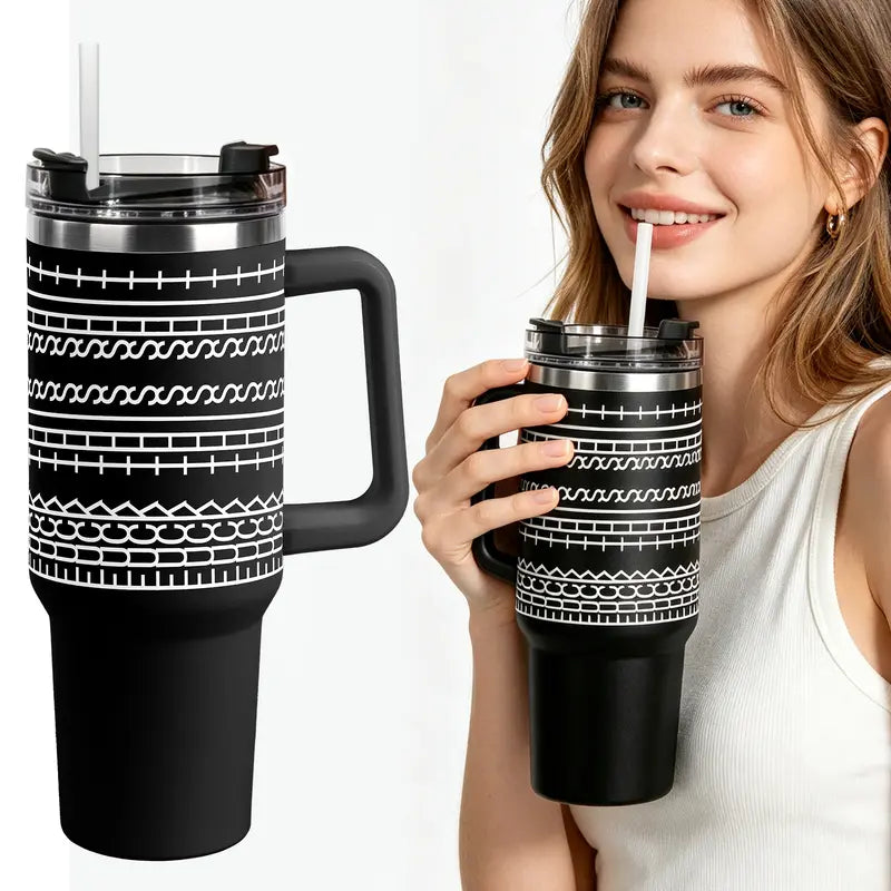 40 oz Insulated Tumbler with Handle and Straw, Striped Design 2