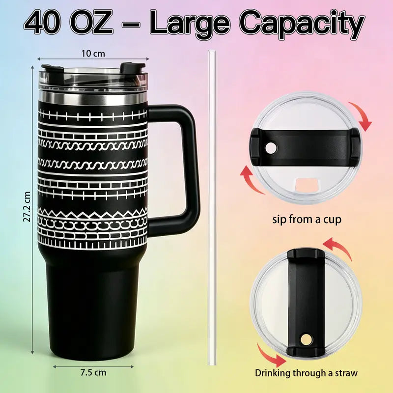 40 oz Insulated Tumbler with Handle and Straw, Striped Design 4
