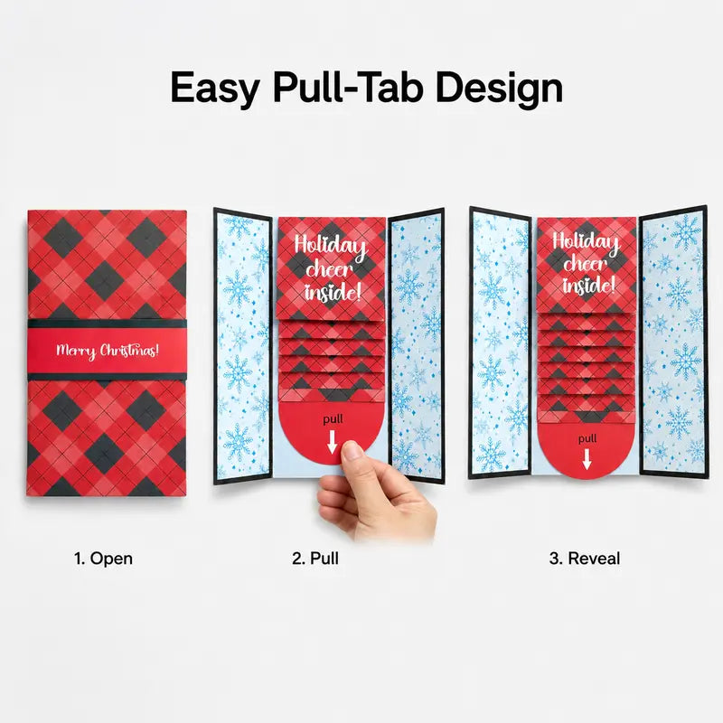 Pull Tab Christmas Card with Gift Card Holder, Red Plaid 5