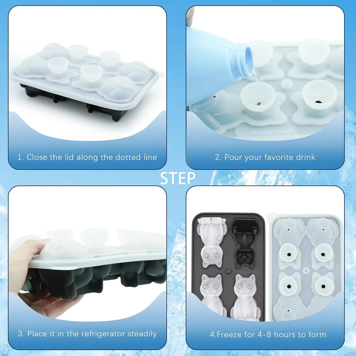3D Cat Ice Cube Mold with Lid, 4 Cavity Silicone Tray 4