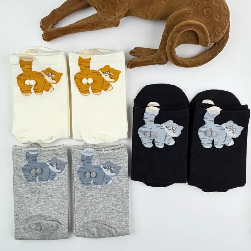 Cat Butt Socks for Women with 3D Pom Pom Tail, Mid-Calf 3