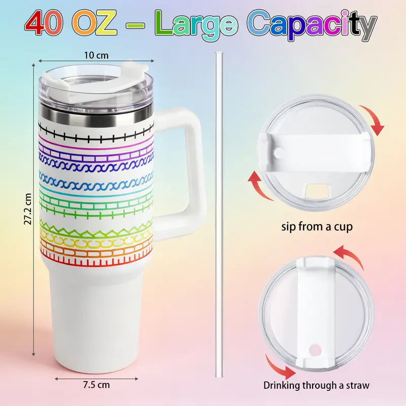40 oz Insulated Tumbler with Handle and Straw, Striped Design 3