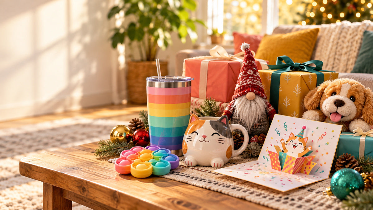 Colorful funny gifts on a cozy living room table